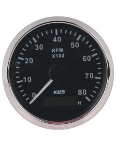 KUS 85mm Marine Grade Tachometer - up to 8000 RPM (Black - with Silver Bezel)