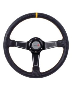 Black and Yellow PVC Steering Wheel with Carbon Fibre Finish - 350mm Diameter